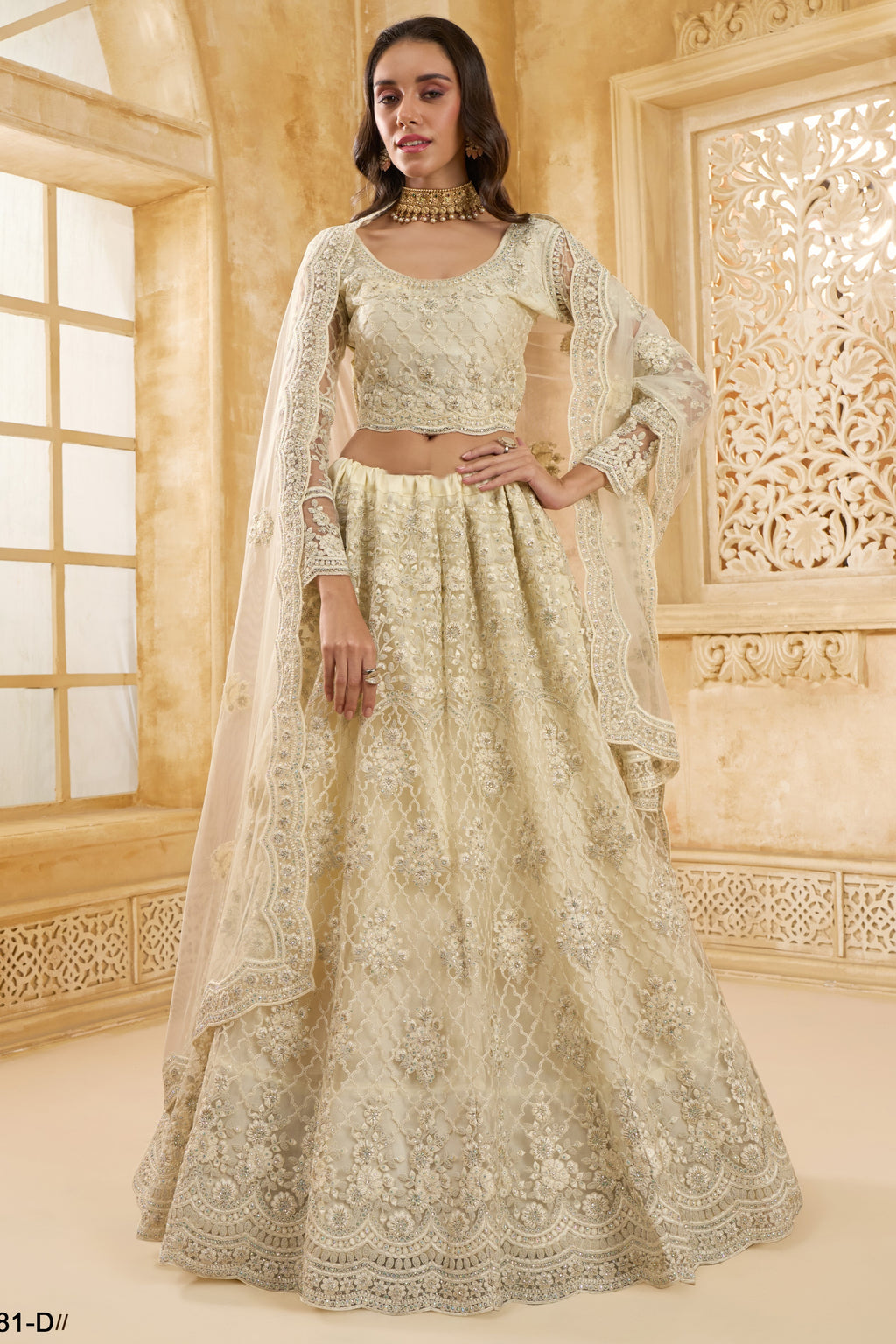 Off White Net Lehenga Choli For Wedding Guest in Indian Festivals & Pakistani Weddings Dress - Thread Embroidery Work, Stone Work