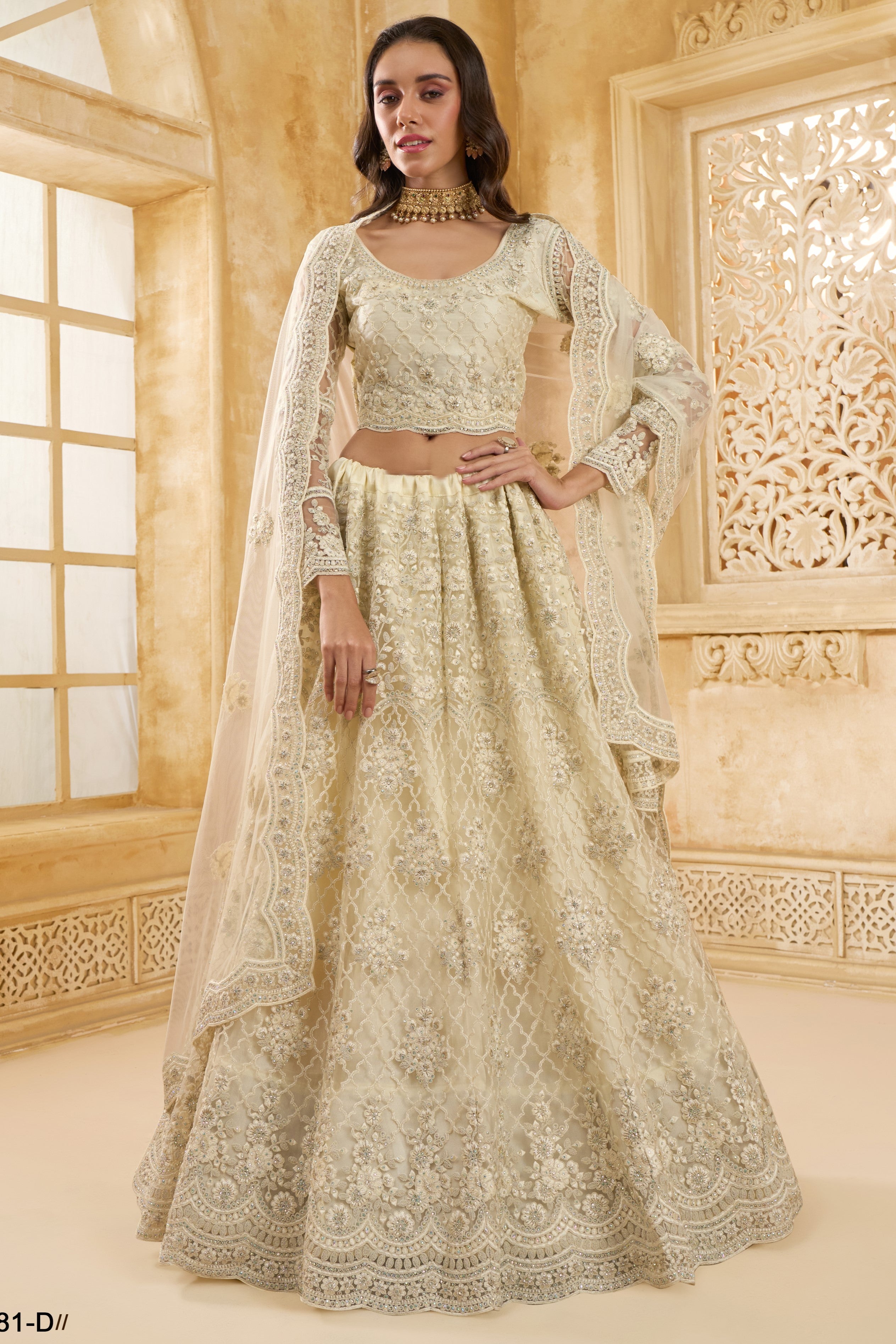 Off White Net Lehenga Choli For Wedding Guest in Indian Festivals & Pakistani Weddings Dress - Thread Embroidery Work, Stone Work