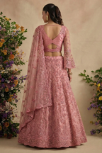 Back view of the dusty pink blouse with open back and crisscross dori ties, sheer bell sleeves — a delicate reception lehenga in embroidered pink net.