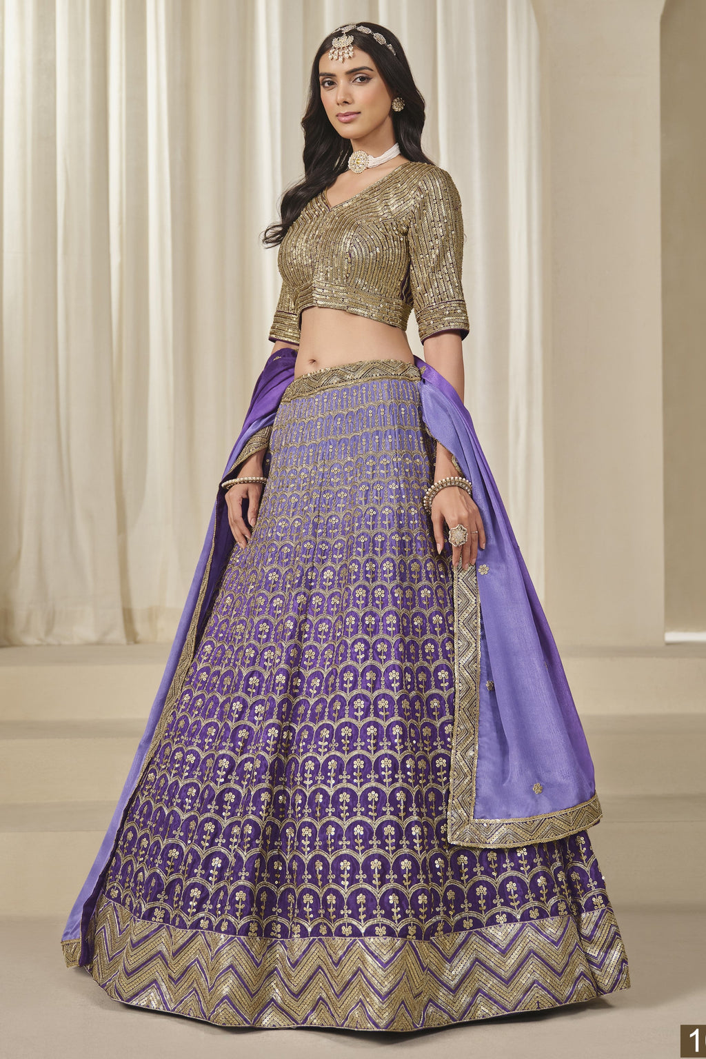 Purple Chinon Silk Dual Color Lehenga Choli For Indian & Pakistani Wedding Festival - Thread & Sequence Embroidery Work