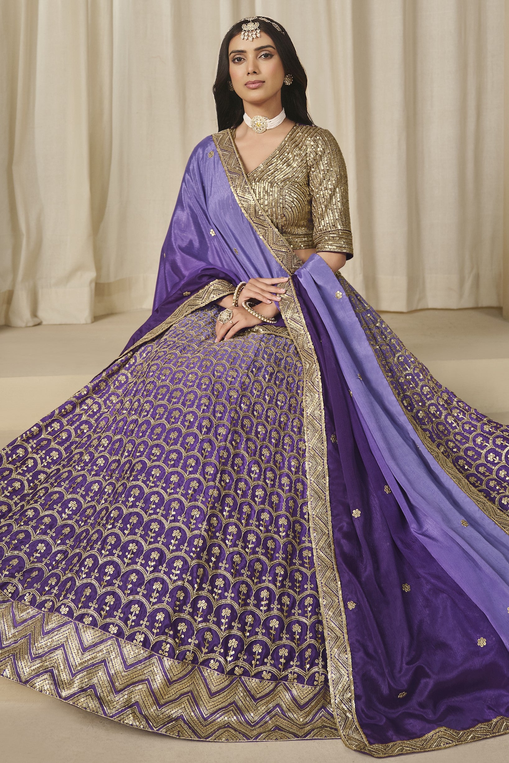 Purple Chinon Silk Dual Color Lehenga Choli For Indian & Pakistani Wedding Festival - Thread & Sequence Embroidery Work