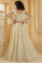 Off White Net Lehenga Choli For Wedding Guest in Indian Festivals & Pakistani Weddings Dress - Thread Embroidery Work, Stone Work