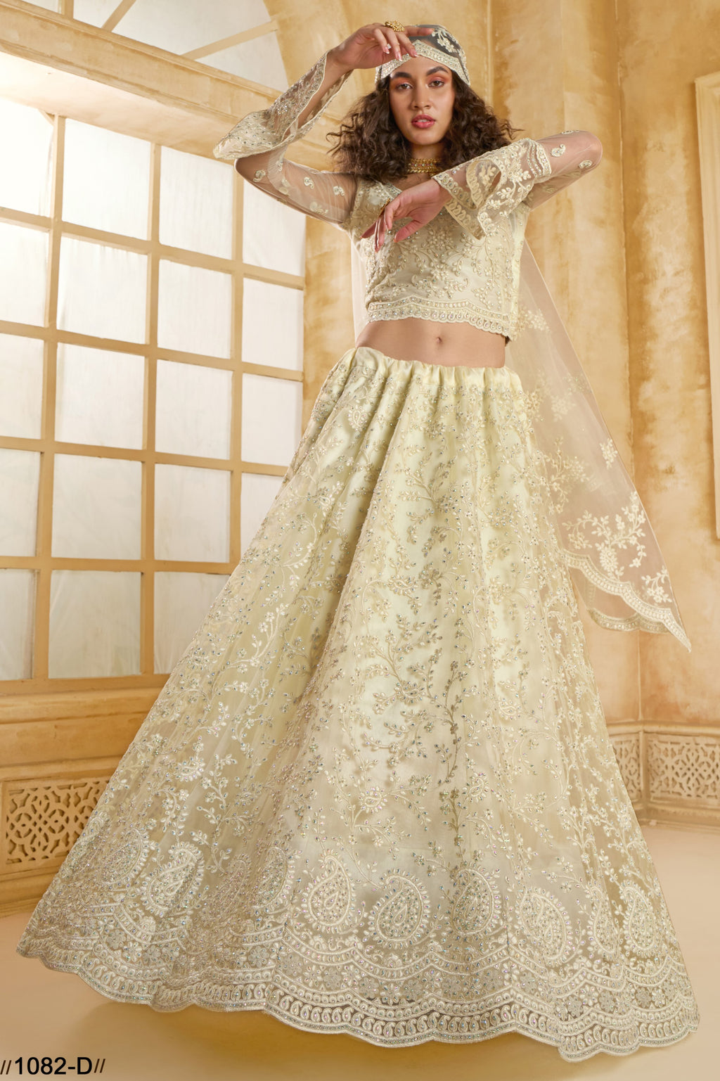 Off White Net Lehenga Choli For Wedding Guest in Indian Festivals & Pakistani Weddings Dress - Thread Embroidery Work, Stone Work
