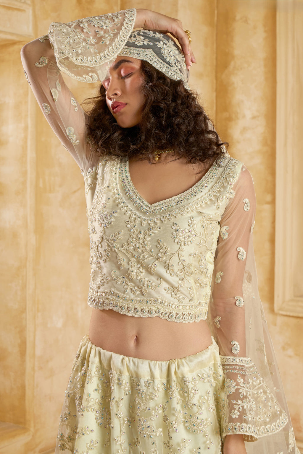 Off White Net Lehenga Choli For Wedding Guest in Indian Festivals & Pakistani Weddings Dress - Thread Embroidery Work, Stone Work