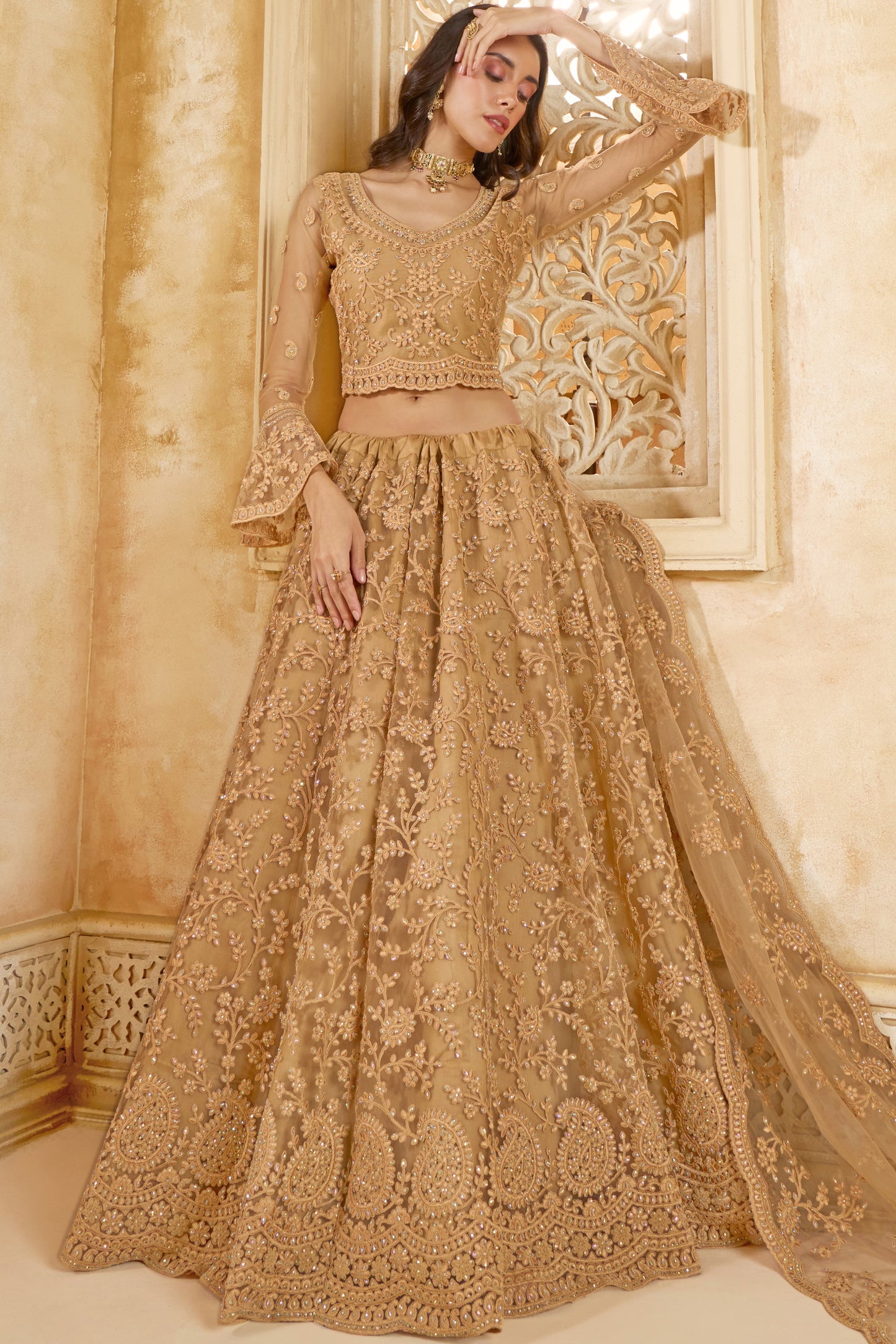 Golden Brown Net Lehenga Choli For Wedding Guest in Indian Festivals & Pakistani Weddings Dress - Thread Embroidery Work, Stone Work