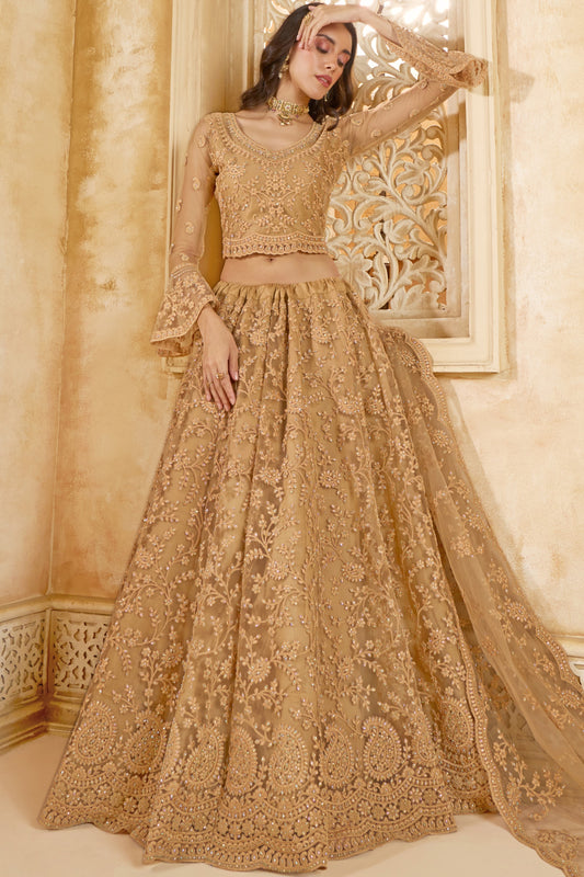 Golden Brown Net Lehenga Choli For Wedding Guest in Indian Festivals & Pakistani Weddings Dress - Thread Embroidery Work, Stone Work