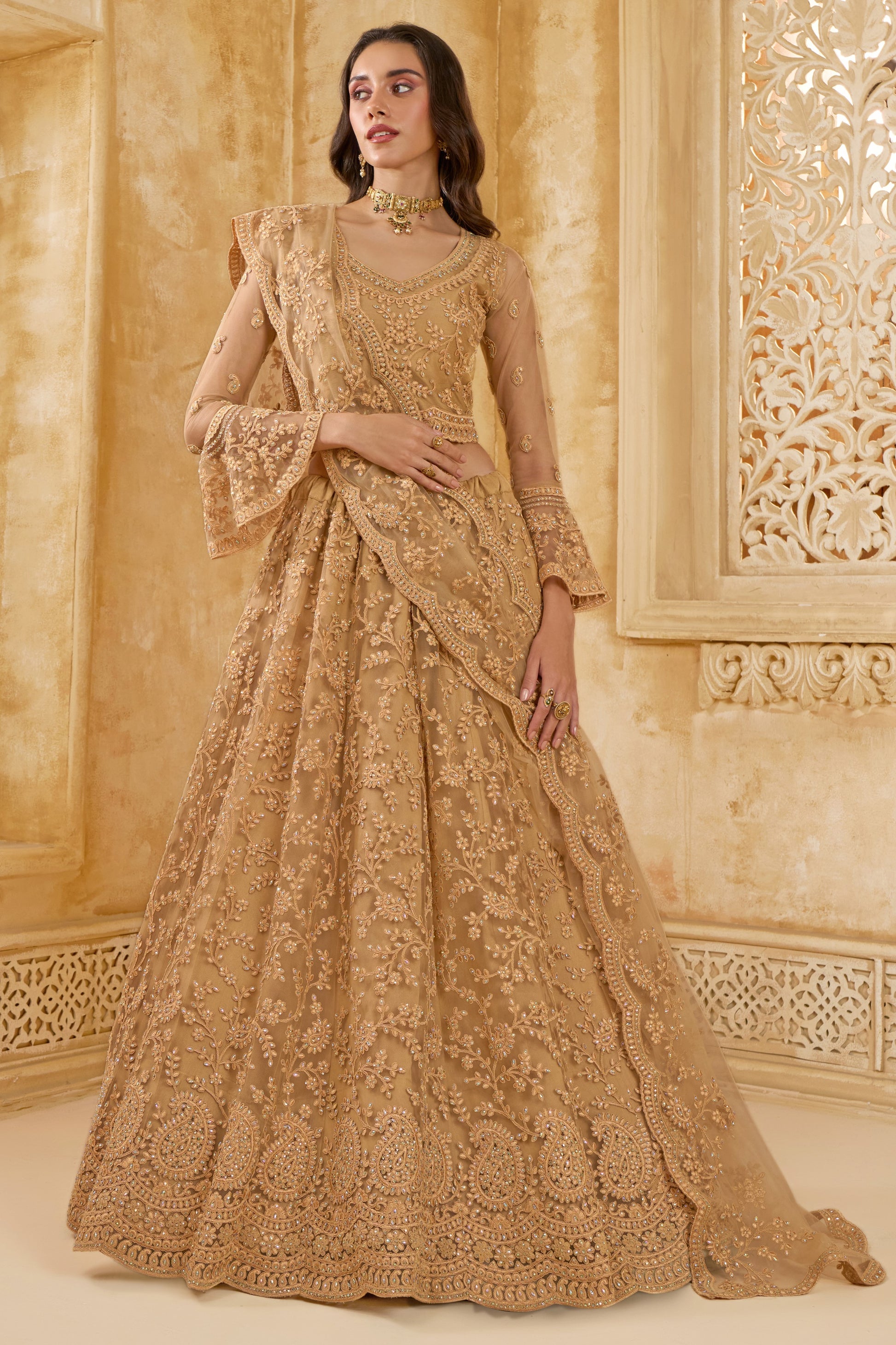 Golden Brown Net Lehenga Choli For Wedding Guest in Indian Festivals & Pakistani Weddings Dress - Thread Embroidery Work, Stone Work