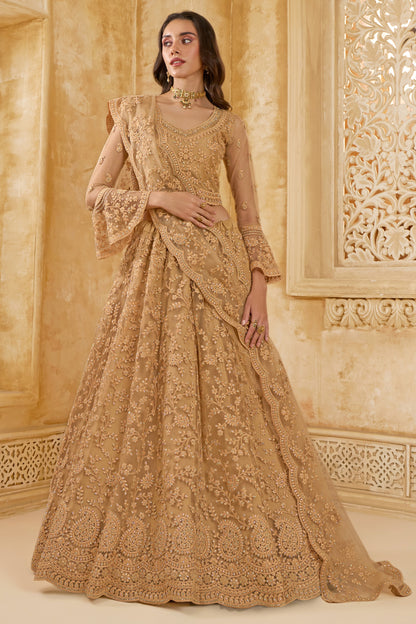 Golden Brown Net Lehenga Choli For Wedding Guest in Indian Festivals & Pakistani Weddings Dress - Thread Embroidery Work, Stone Work