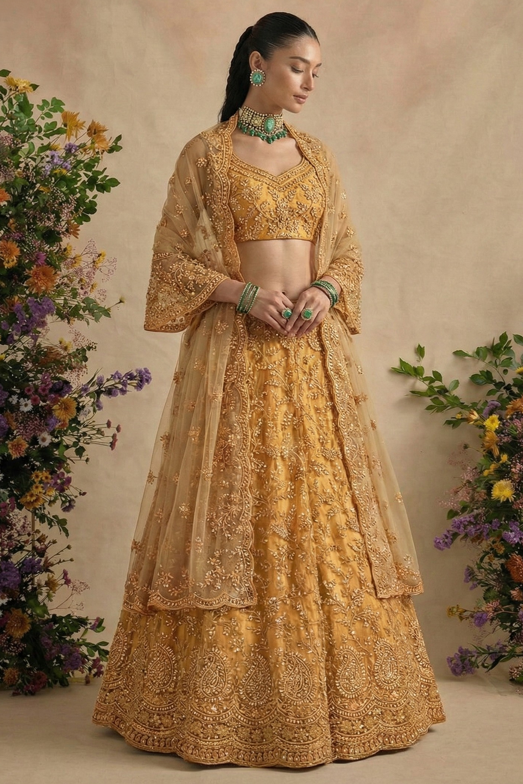 Model wearing a golden net lehenga choli with bell sleeves, V neckline and scalloped dupatta, styled with green jewellery — a radiant wedding guest lehenga with thread and stone work.