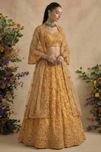 Model wearing a golden net lehenga choli with bell sleeves, V neckline and scalloped dupatta, styled with green jewellery — a radiant wedding guest lehenga with thread and stone work.