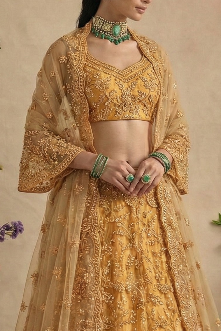 Close-up of the golden blouse with V neckline and sheer bell sleeves in dense thread embroidery — an ornate indian lehenga choli for wedding festivities with stone detailing.