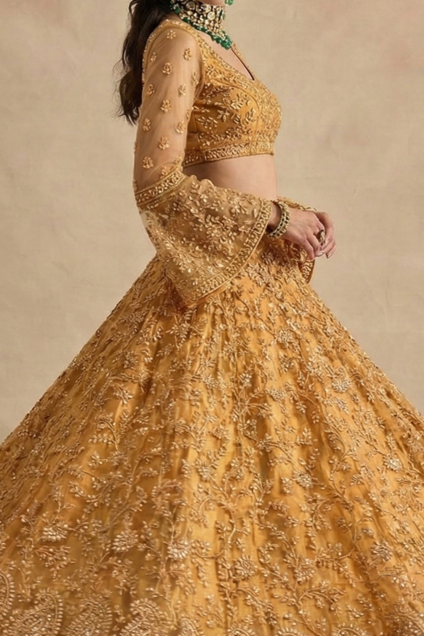 Golden Wedding Guest Lehenga Choli with Thread and Stone Work