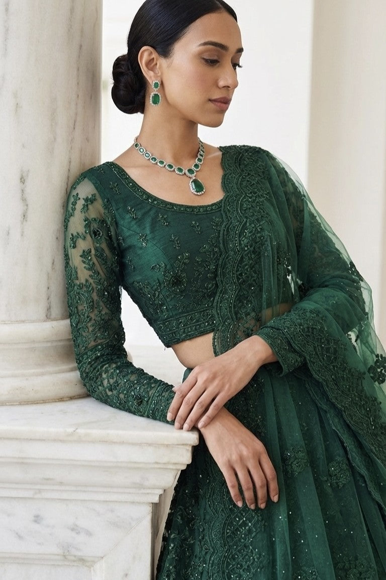 Dark Green Mehndi Outfits - Net Lehenga Choli with Thread Embroidery