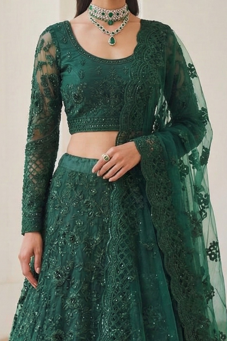 Dark Green Mehndi Outfits - Net Lehenga Choli with Thread Embroidery