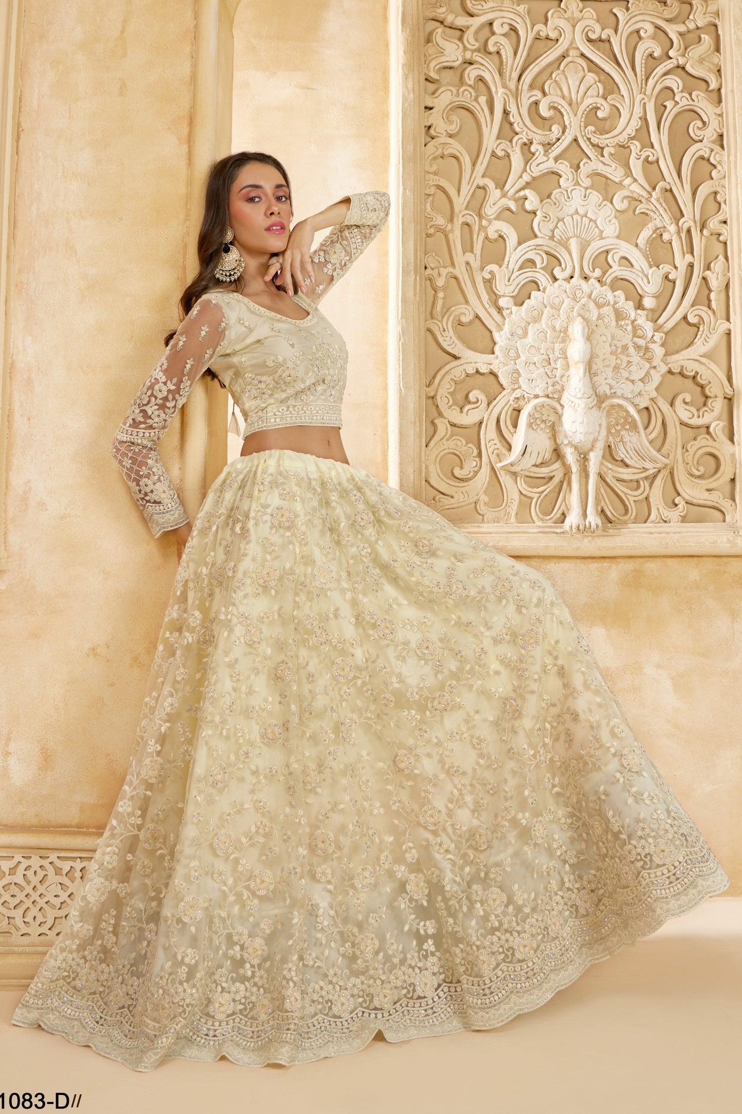 Off White Net Lehenga Choli For Wedding Guest in Indian Festivals & Pakistani Weddings Dress - Thread Embroidery Work, Stone Work