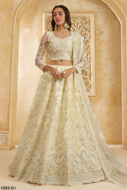 Off White Net Lehenga Choli For Wedding Guest in Indian Festivals & Pakistani Weddings Dress - Thread Embroidery Work, Stone Work