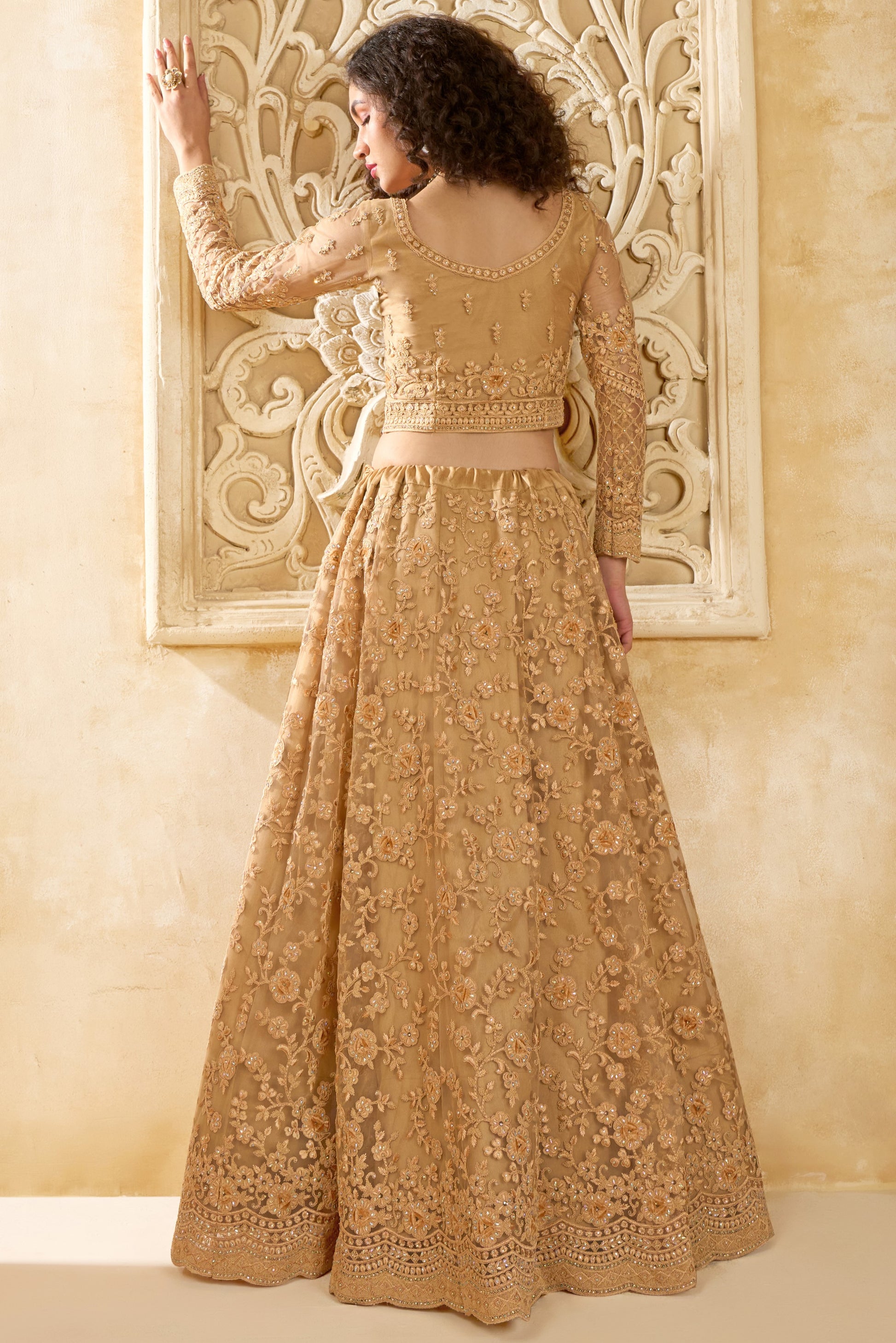 Golden Brown Net Lehenga Choli For Wedding Guest in Indian Festivals & Pakistani Weddings Dress - Thread Embroidery Work, Stone Work