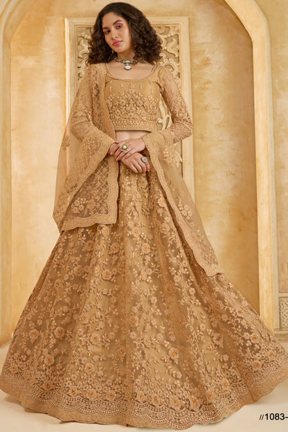 Golden Brown Net Lehenga Choli For Wedding Guest in Indian Festivals & Pakistani Weddings Dress - Thread Embroidery Work, Stone Work