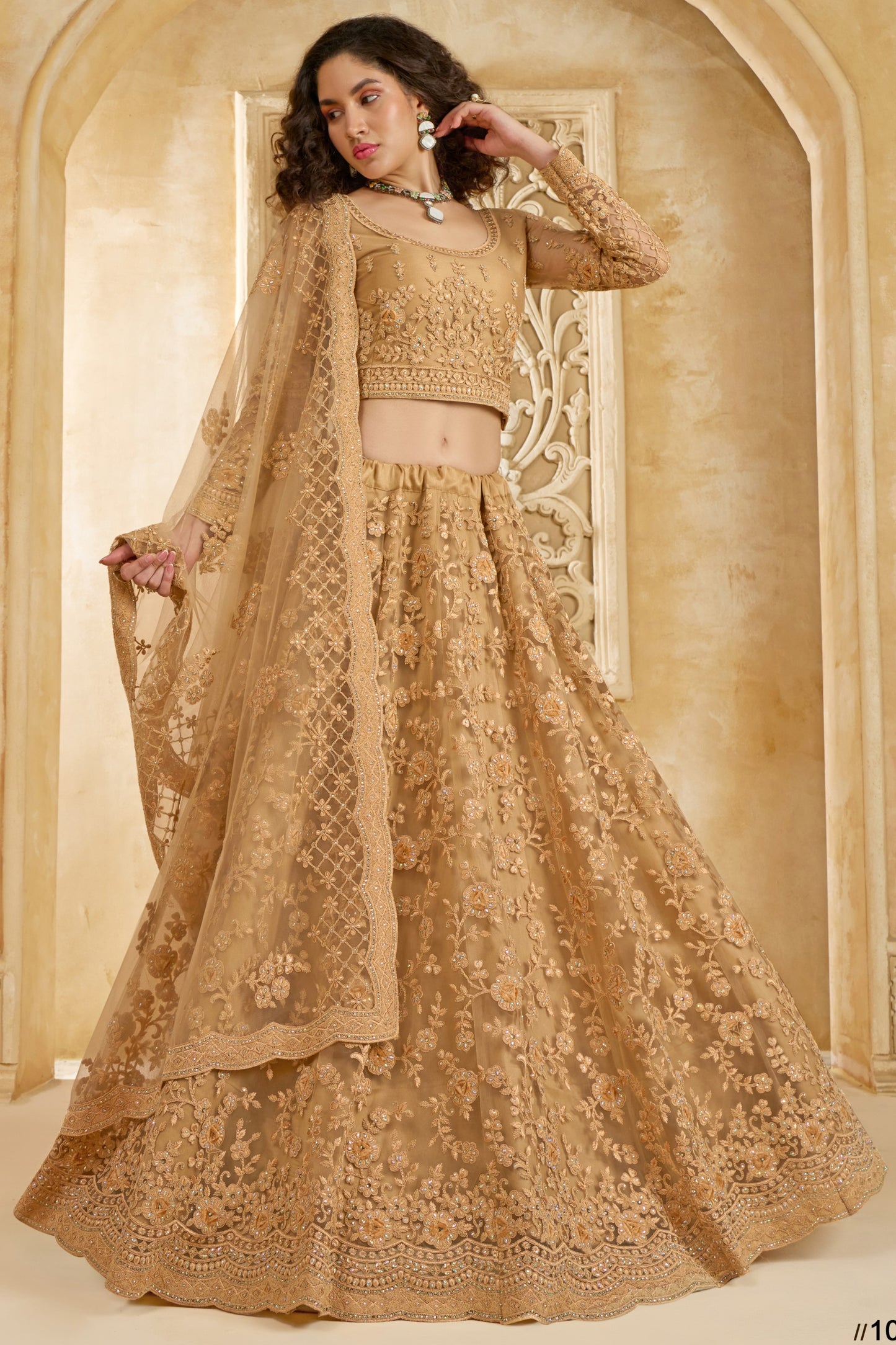 Golden Brown Net Lehenga Choli For Wedding Guest in Indian Festivals & Pakistani Weddings Dress - Thread Embroidery Work, Stone Work