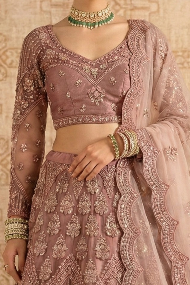 Close-up of the mauve blouse with V neckline and sheer long sleeves covered in sequin and thread embroidery — this sequins lehenga pairs the detailed choli with a flared net skirt.