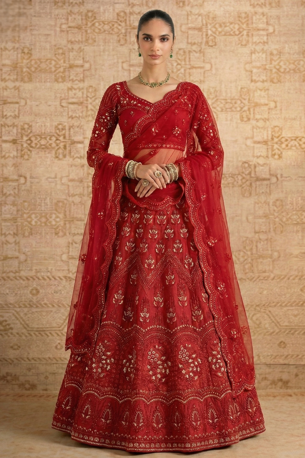Full front view of the red lehenga choli with long embroidered sheer sleeves, V neckline and scalloped dupatta — timeless long sleeve reception lehenga with hand embroidery work.