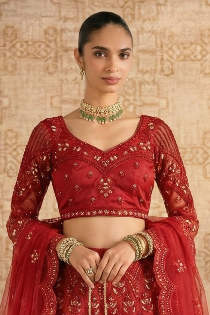 Red Long Sleeve Reception Lehenga Choli - Handwork & Thread Work