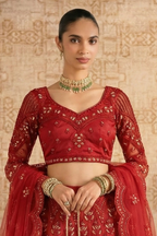 Red Long Sleeve Reception Lehenga Choli - Handwork & Thread Work