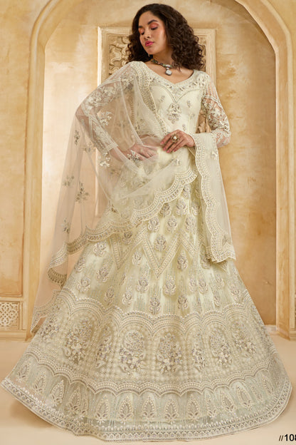 Off White Net Lehenga Choli For Wedding Guest in Indian Festivals & Pakistani Weddings Dress - Thread Embroidery Work, Stone Work