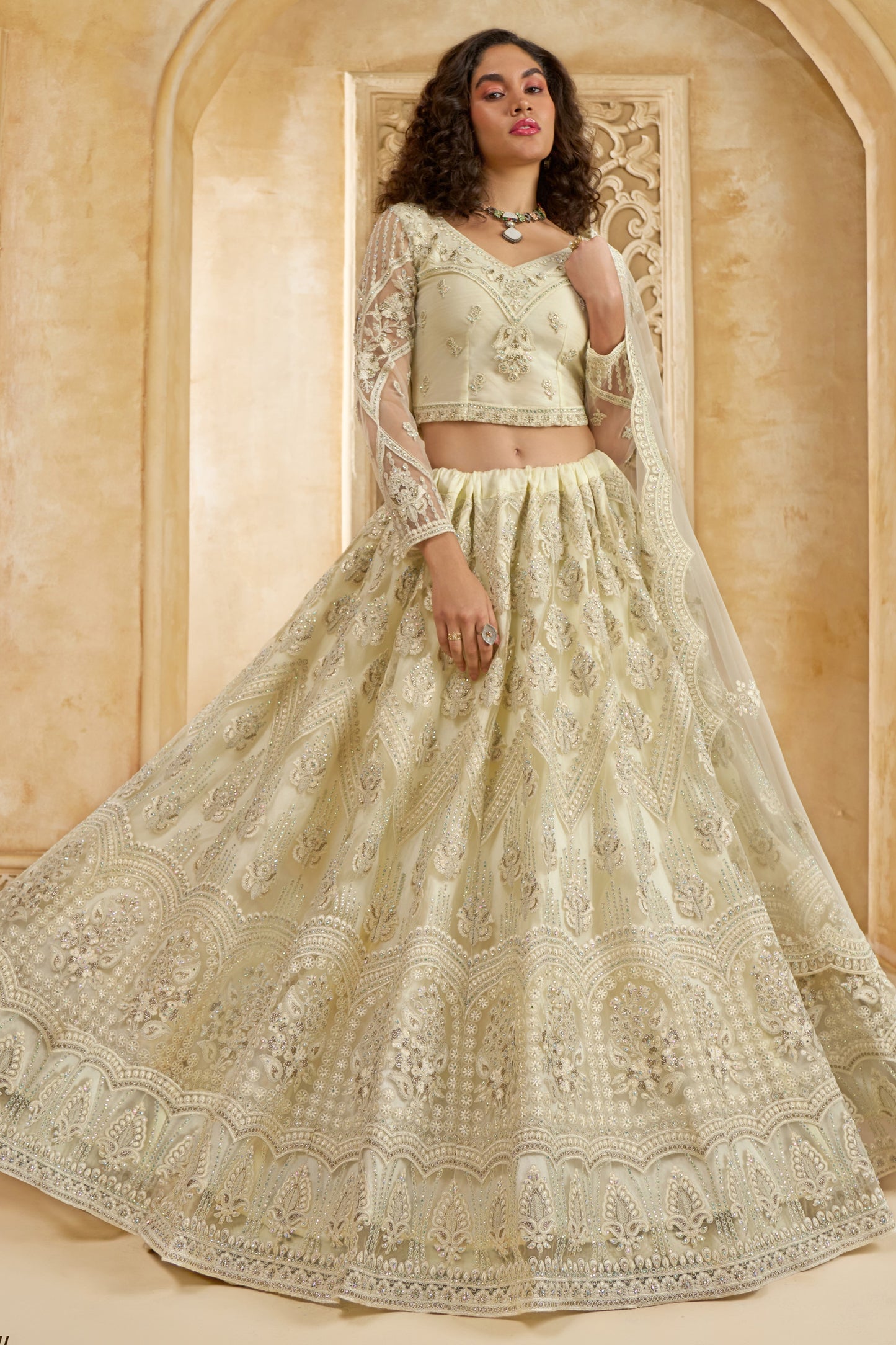 Off White Net Lehenga Choli For Wedding Guest in Indian Festivals & Pakistani Weddings Dress - Thread Embroidery Work, Stone Work