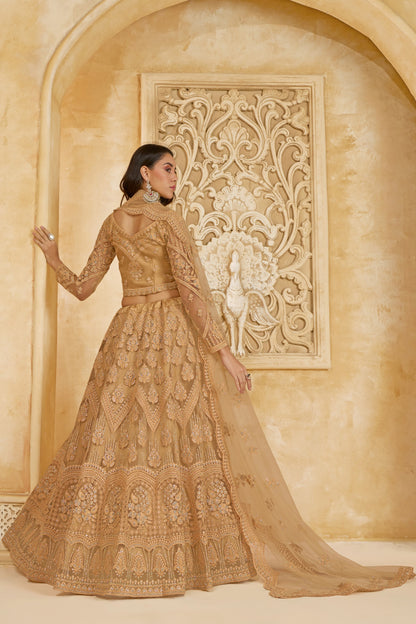 Golden Brown Net Lehenga Choli For Wedding Guest in Indian Festivals & Pakistani Weddings Dress - Thread Embroidery Work, Stone Work