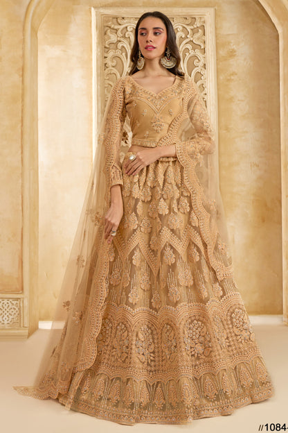 Golden Brown Net Lehenga Choli For Wedding Guest in Indian Festivals & Pakistani Weddings Dress - Thread Embroidery Work, Stone Work