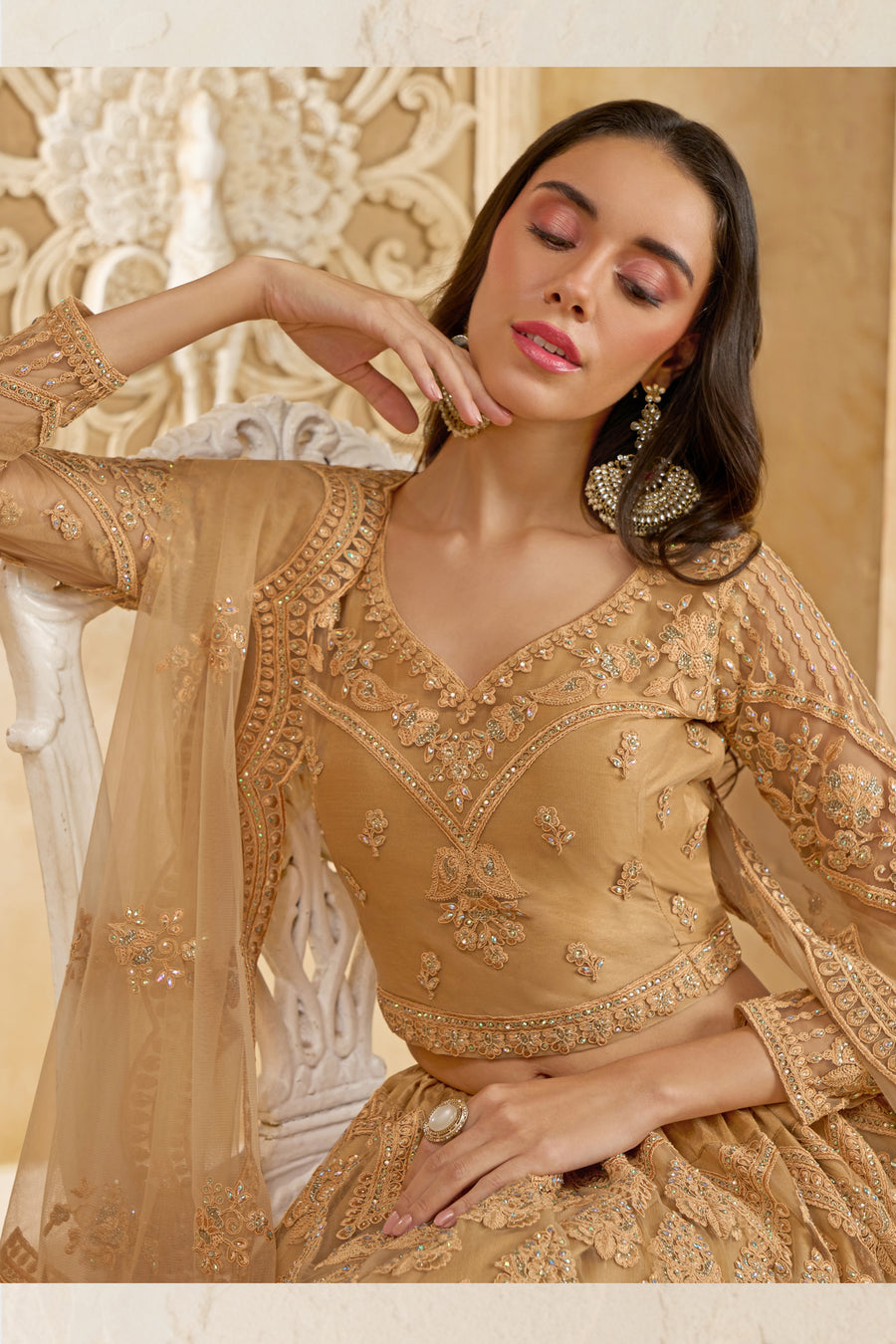 Shop Golden Brown Net Lehenga Choli Online Shopping for Wedding Guest HATKE BRIDE Shop Golden Brown Net Lehenga Choli Online Shopping for Wedding Guest HATKE BRIDE
