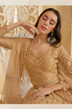 Golden Brown Net Lehenga Choli For Wedding Guest in Indian Festivals & Pakistani Weddings Dress - Thread Embroidery Work, Stone Work