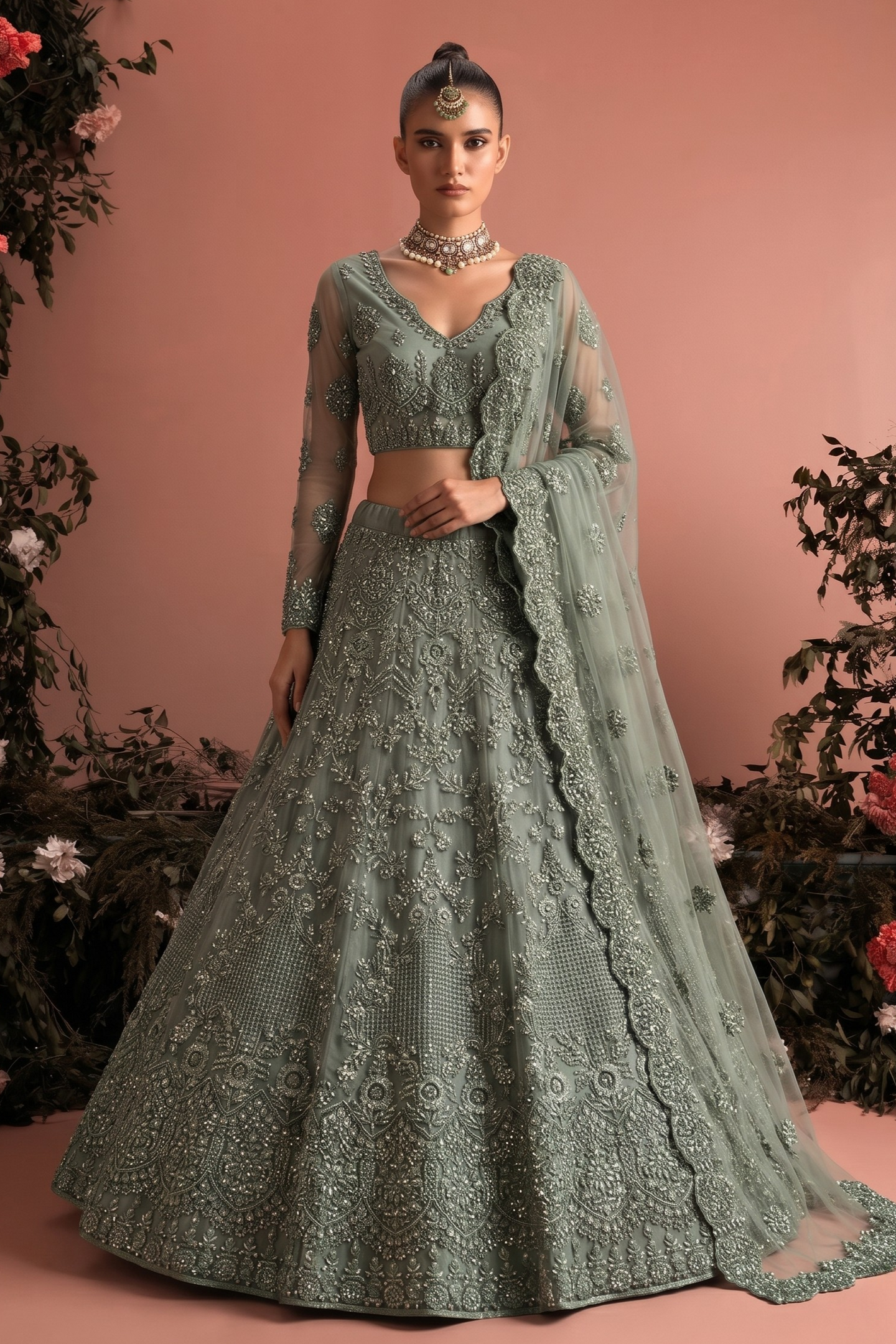 Grey Net Long Sleeves Lehenga Choli for Wedding Guest with Thread and Sequins Work