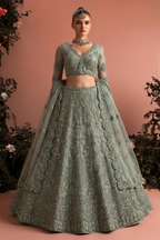 Grey Net Long Sleeves Lehenga Choli for Wedding Guest with Thread and Sequins Work