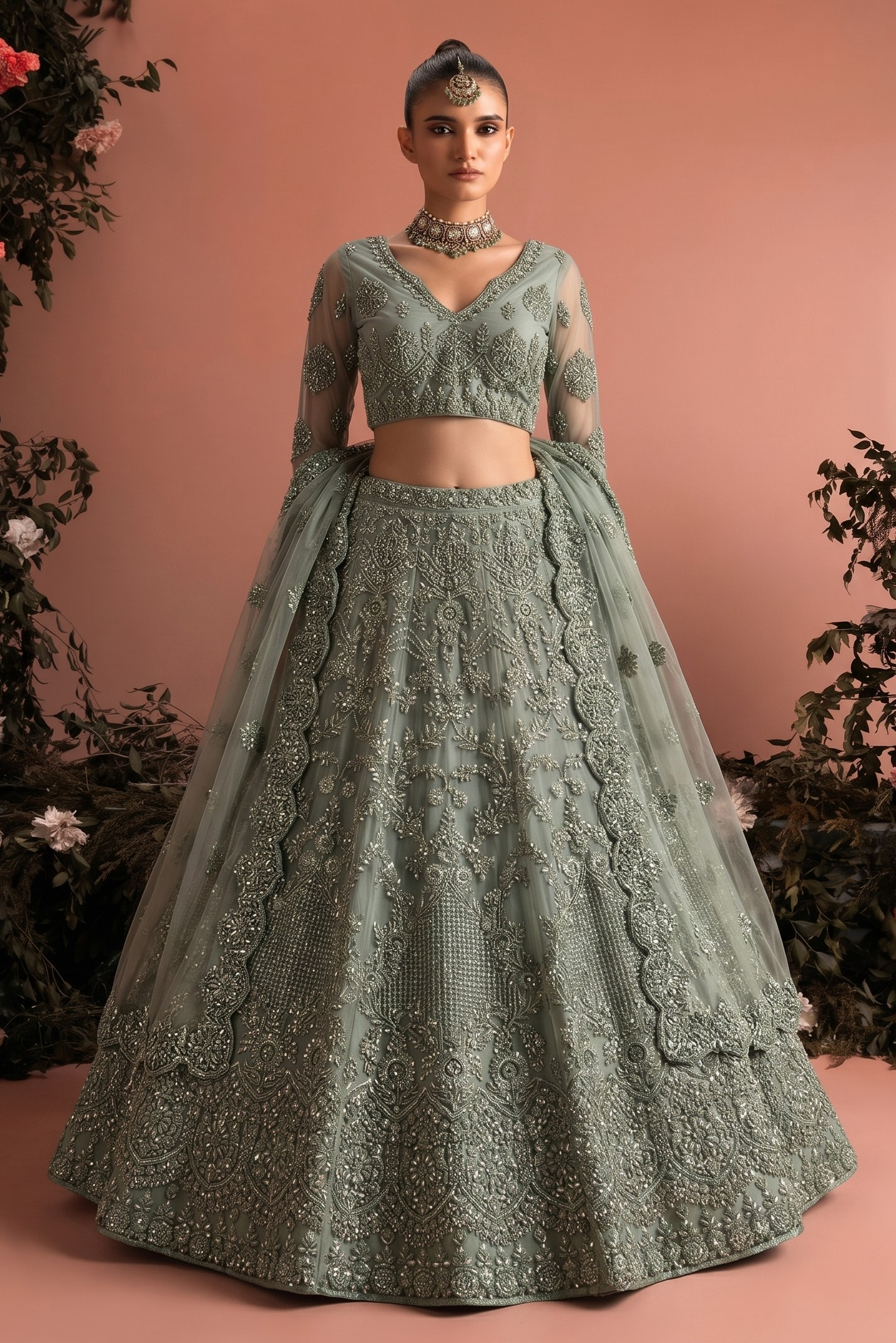 Grey Net Long Sleeves Lehenga Choli for Wedding Guest with Thread and Sequins Work