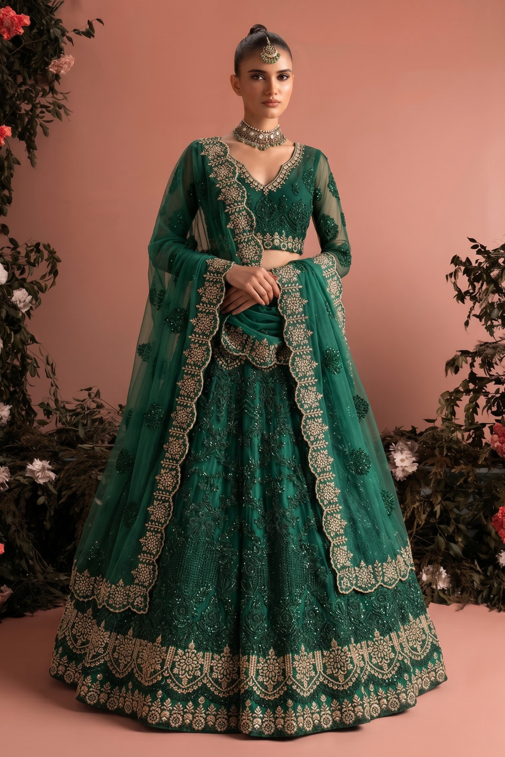 Green Net Long Sleeves Lehenga Choli for Wedding Guest with Sequins Embroidery