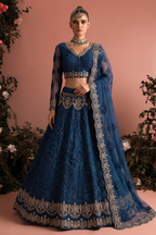 Navy Blue Net Long Sleeves Lehenga Choli for Wedding Guest with Thread and Sequins Embroidery