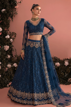 Navy Blue Net Long Sleeves Lehenga Choli for Wedding Guest with Thread and Sequins Embroidery