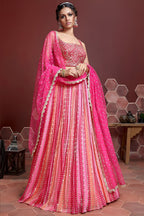 Pink Banglori Silk Party Wear Lehenga Choli For Indian & Pakistani Wedding Festival - Embroidery Work, Print Work, Real Mirror Work