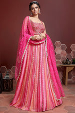 Pink Banglori Silk Party Wear Lehenga Choli For Indian & Pakistani Wedding Festival - Embroidery Work, Print Work, Real Mirror Work