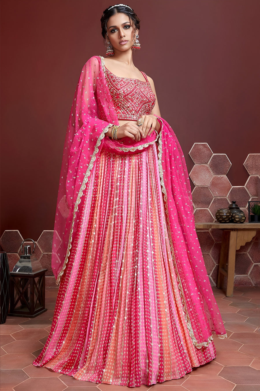 Pink Banglori Silk Party Wear Lehenga Choli For Indian & Pakistani Wedding Festival - Embroidery Work, Print Work, Real Mirror Work