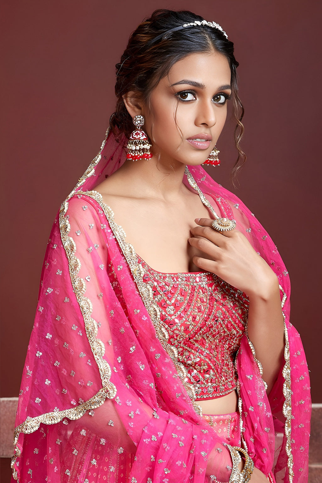 Pink Banglori Silk Party Wear Lehenga Choli For Indian & Pakistani Wedding Festival - Embroidery Work, Print Work, Real Mirror Work
