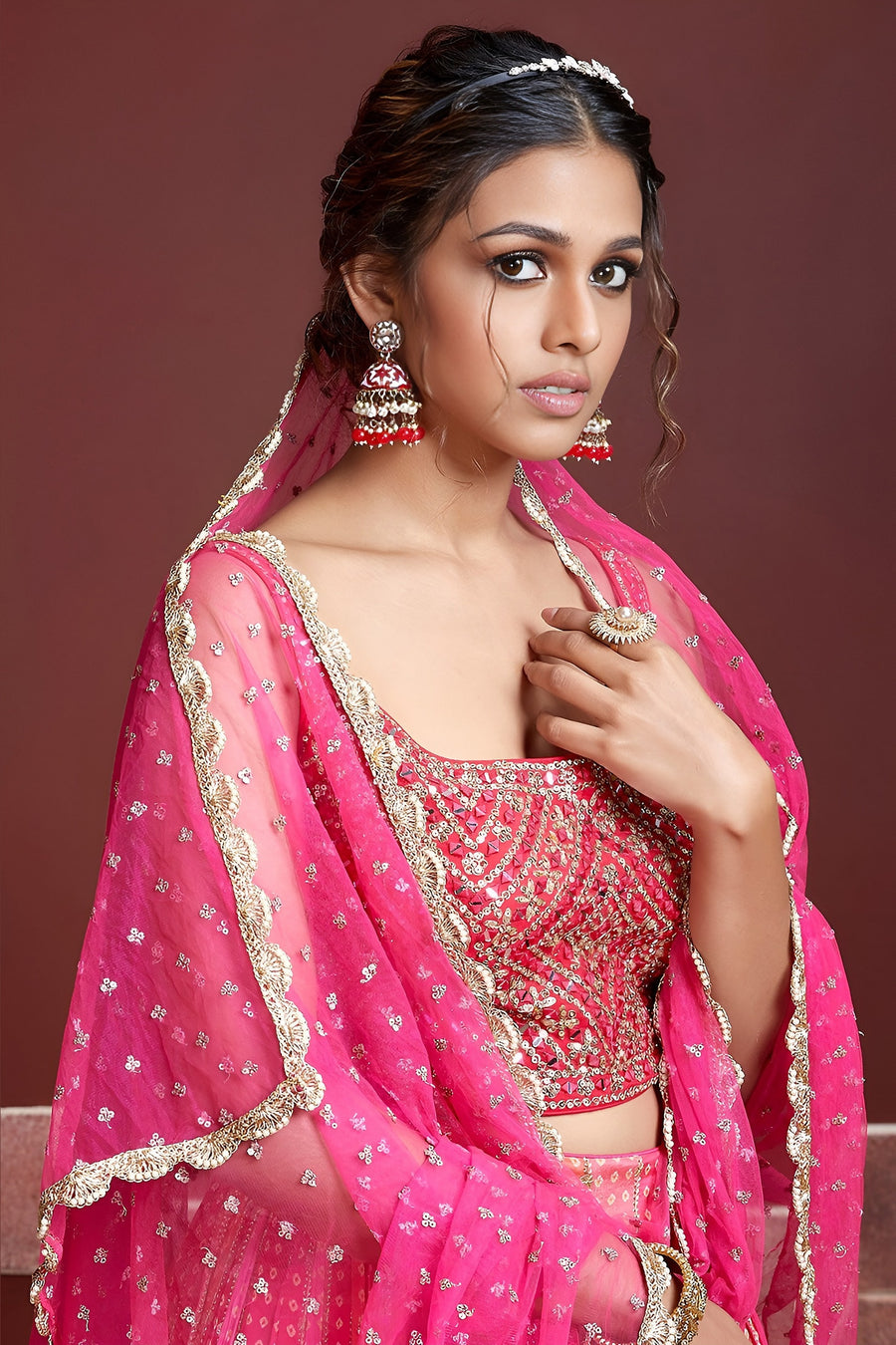 Pink Banglori Silk Party Wear Lehenga Choli For Indian & Pakistani Wedding Festival - Embroidery Work, Print Work, Real Mirror Work