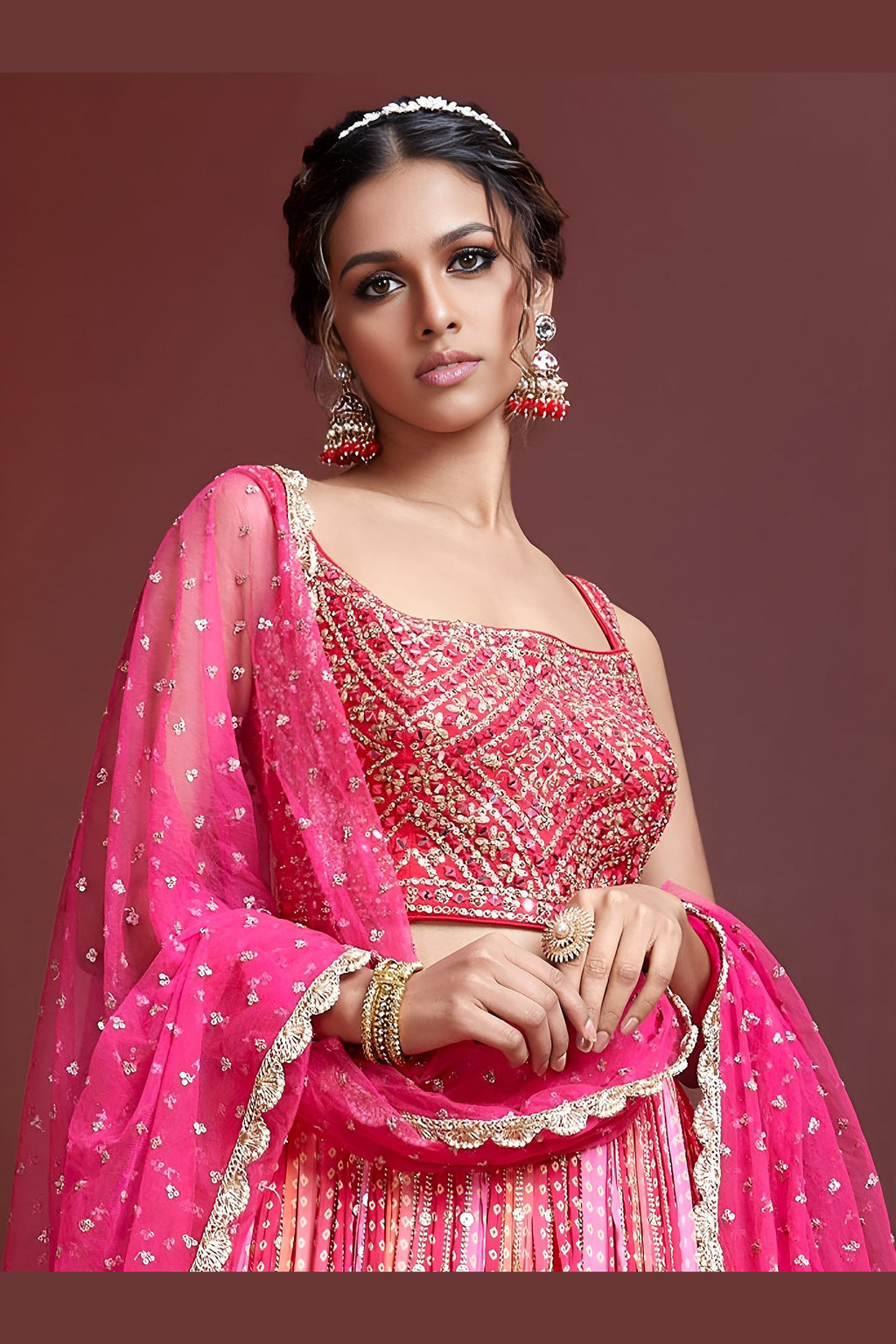 Pink Banglori Silk Party Wear Lehenga Choli For Indian & Pakistani Wedding Festival - Embroidery Work, Print Work, Real Mirror Work