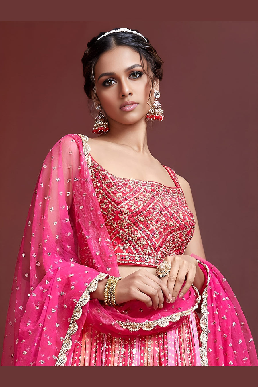 Pink Banglori Silk Party Wear Lehenga Choli For Indian & Pakistani Wedding Festival - Embroidery Work, Print Work, Real Mirror Work
