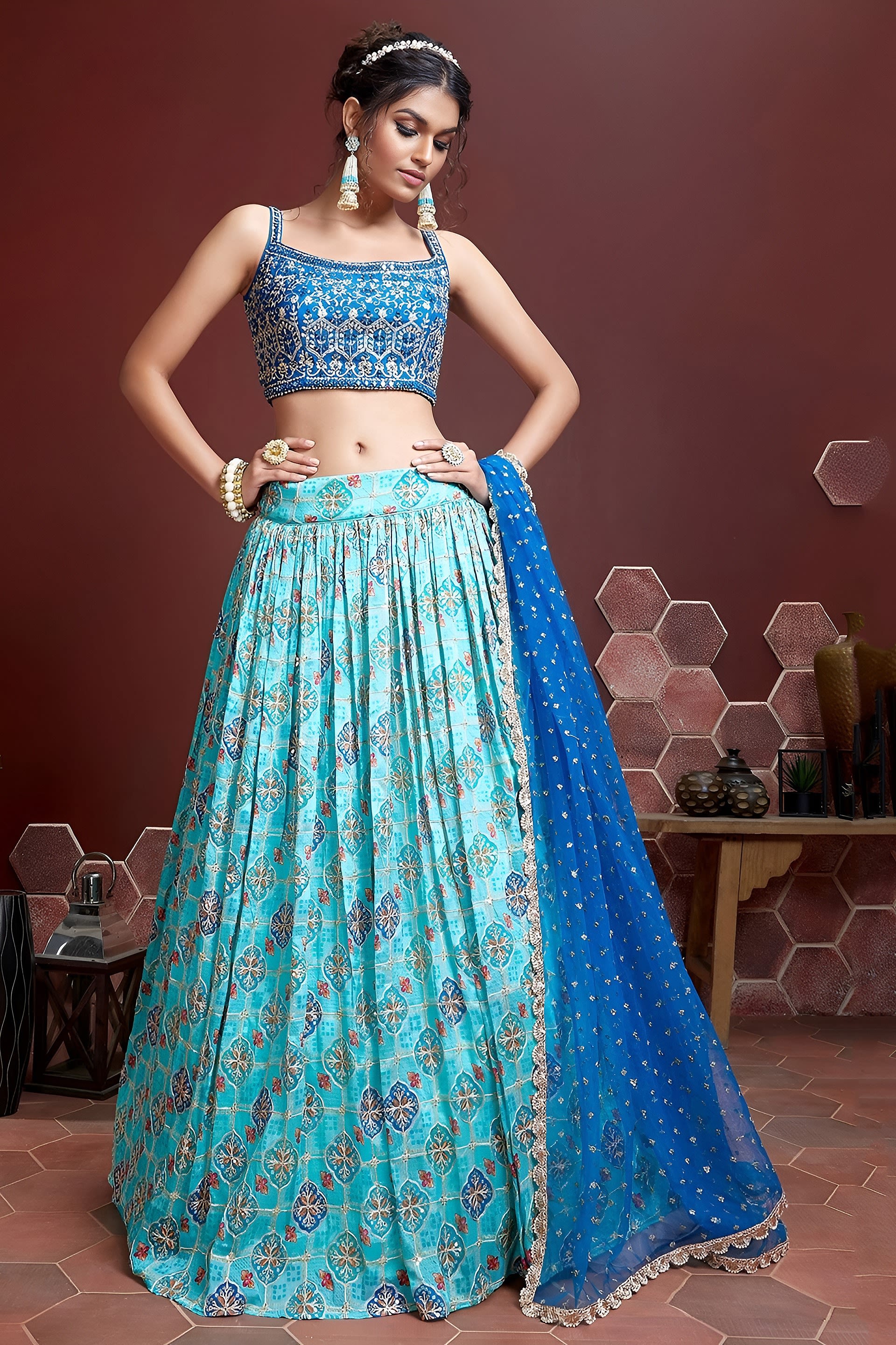Sky Blue Banglori Silk Party Wear Lehenga Choli For Indian & Pakistani Wedding Festival - Embroidery Work, Print Work, Real Mirror Work