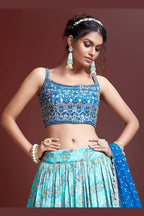 Sky Blue Banglori Silk Party Wear Lehenga Choli For Indian & Pakistani Wedding Festival - Embroidery Work, Print Work, Real Mirror Work