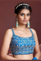 Sky Blue Banglori Silk Party Wear Lehenga Choli For Indian & Pakistani Wedding Festival - Embroidery Work, Print Work, Real Mirror Work
