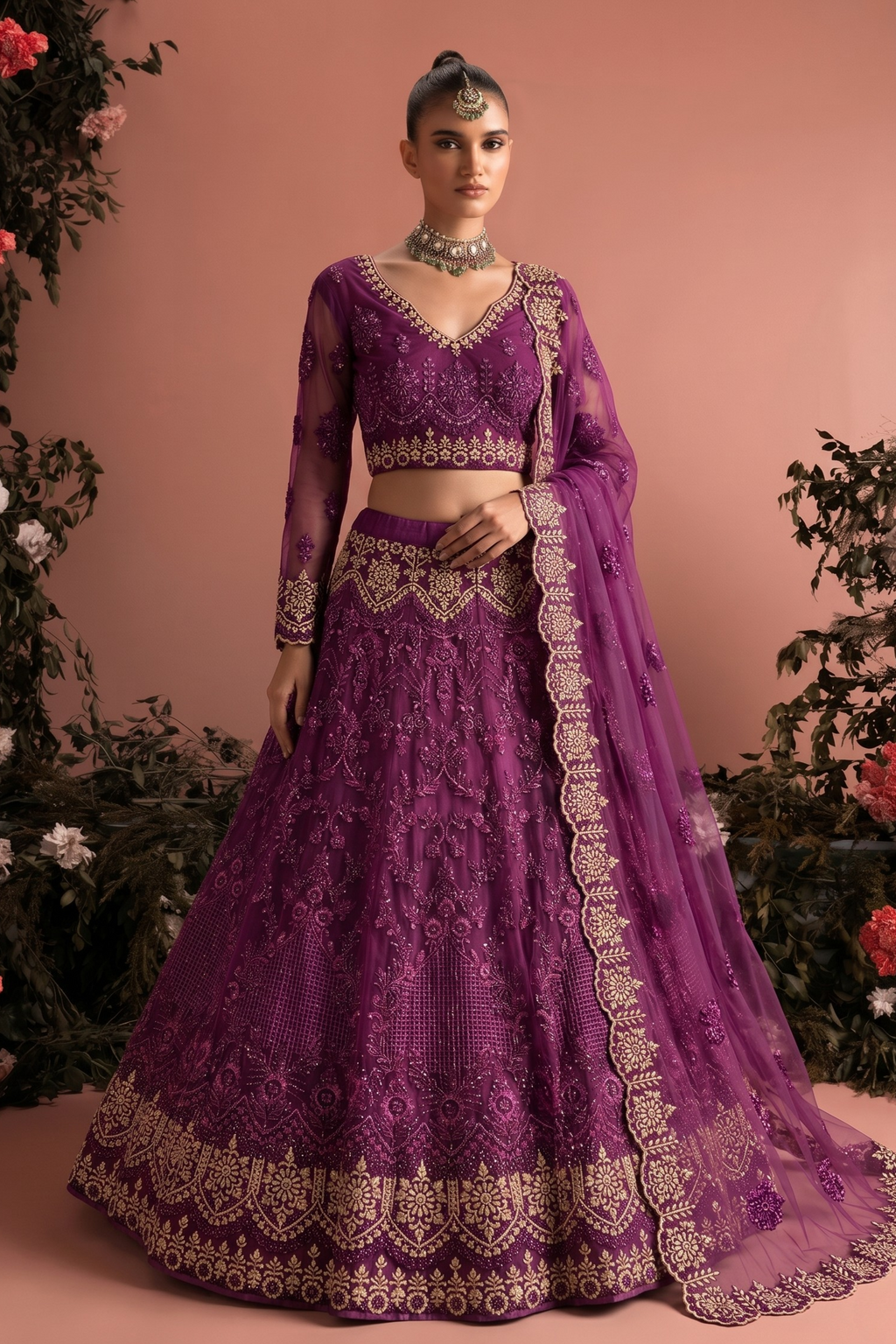 Dark Magenta Net Long Sleeves Lehenga Choli for Wedding Guest with Thread and Sequins Embroidery Work